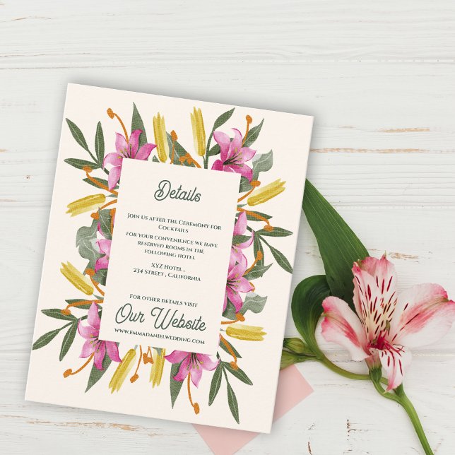 Blush Pink Lily Botanical Wedding Information Begleitkarte (Blush Pink Lily Botanical Wedding Details Card | Romantic Watercolor Floral Information Insert Card)