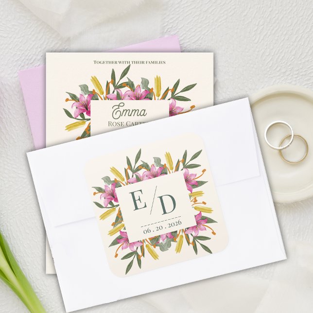 Blush Pink Lily Botanical Wedding Monogram Quadratischer Aufkleber (Blush Pink Lily Botanical Wedding Monogram Sticker | Romantic Watercolor Floral Envelope Seal)