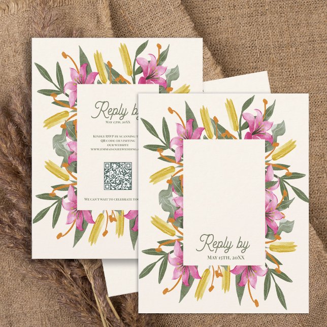 Blush Pink Lily QR Code Botanical Floral Wedding RSVP Karte (Blush Pink Lily Botanical Wedding RSVP Card with QR Code | Romantic Watercolor Floral Response Card)