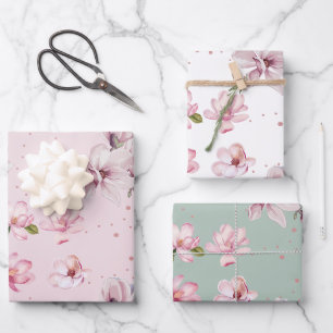 Blush Pink Magnolia Floral Wasserfarbenes Geschenk Geschenkpapier Set