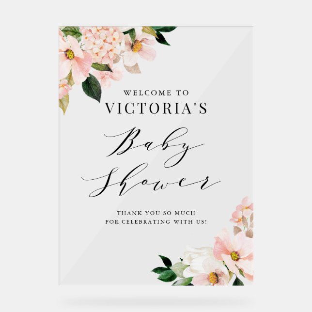 Blush Pink Magnolias Bloral Baby Dusche Empfang Acrylschild (Vorderseite)