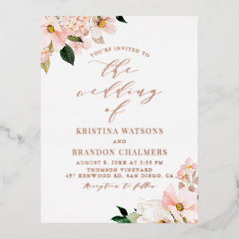 Blush Pink Magnolias und Hydrangeas Frühjahrssonne Folie Einladungspostkarte