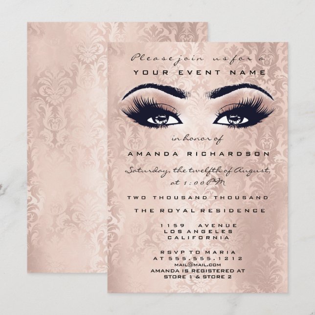 Blush Pink Makeup Glitzer Augen 16. Bridal Damask Einladung (Vorne/Hinten)