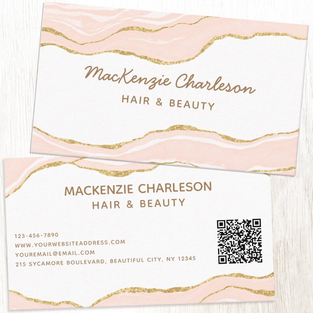 Blush Pink Marbour Agate Gold Glitzer QR Code Visitenkarte (Blush pink agate marble faux gold elegant custom business card with QR code)