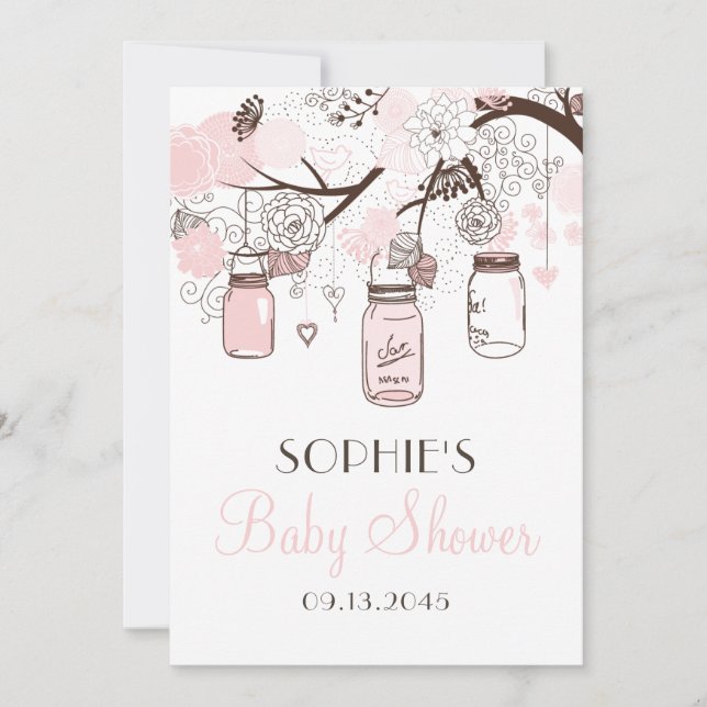 Blush Pink Mason Jars und Blume Babydusche Einladung (Vorderseite)