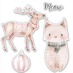 Blush Pink Meow Cat Deer Christmas Ornament Aufkleber