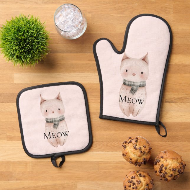 Blush Pink Meow Cat Ofenhandschuh & Topflappen-Set (Oben Unten)