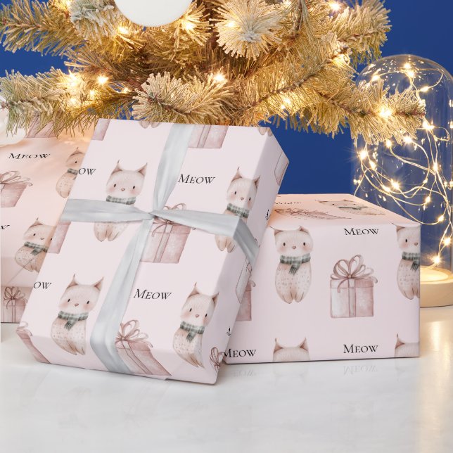 Blush Pink Meow Christmas Cat Geschenk Geschenkpapier (Feiertage)