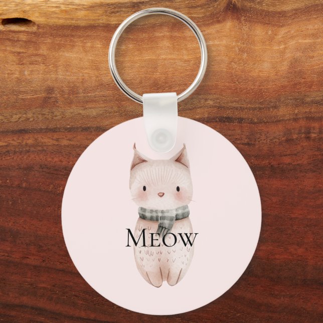 Blush Pink Meow Christmas Cat Schlüsselanhänger (Vorderseite)