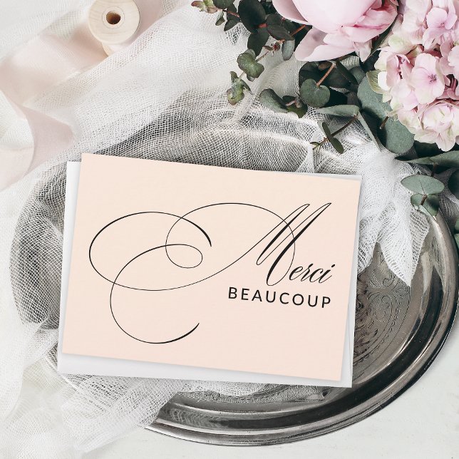 Blush Pink Merci Beaucoup Elegante Kalligraphie Dankeskarte (Show your taste and sense of style with this elegant thank you card in beautiful calligraphy script.)