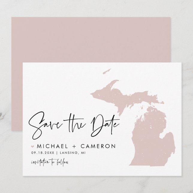 Blush Pink Michigan Karte Modernes Minimalistische (Vorne/Hinten)