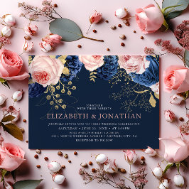 Blush Pink & Midnight Navy Florals Elegante Hochze Einladung