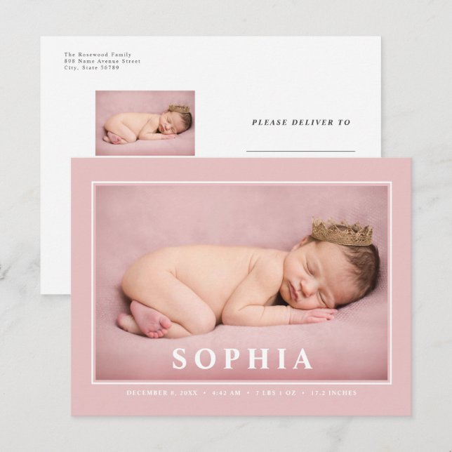 Blush Pink Minimalistisch Baby Girl Geburtserkläru Postkarte (Vorne/Hinten)