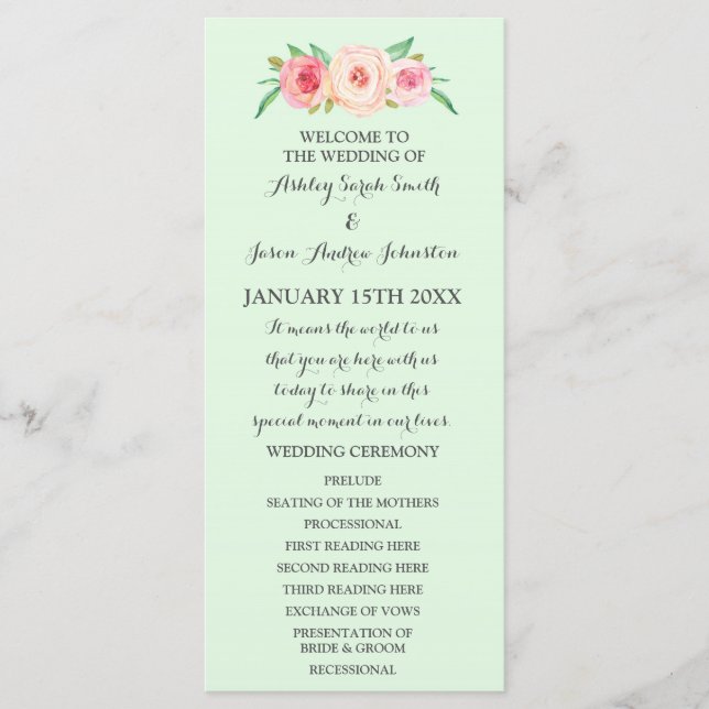 Blush Pink Mint Green Floral Hochzeitsprogramm Programm (Vorderseite)