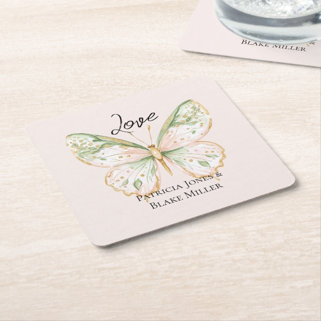 Blush Pink Mint Green Gold Butterfly Wedding Rechteckiger Pappuntersetzer (angewinkelt)
