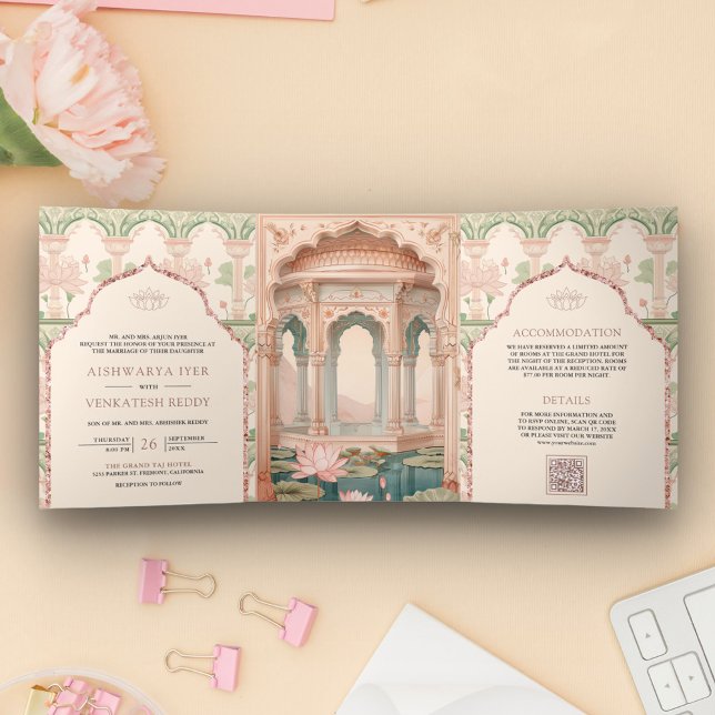 Blush Pink Mint Green Lotus Garden Indian Wedding Dreifach Gefaltete Einladung (Von Creator hochgeladen)