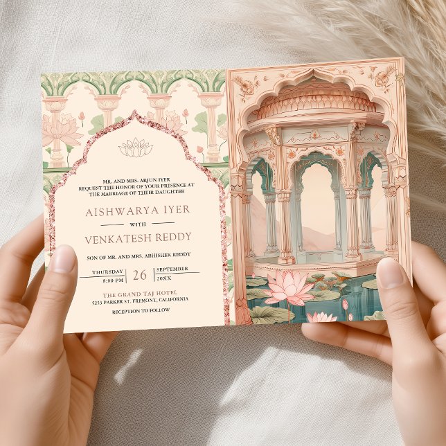 Blush Pink Mint Grün Lotusgarten Indische Hochzeit Einladung (Von Creator hochgeladen)