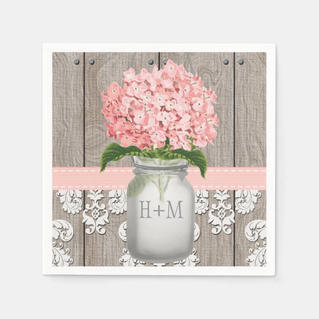 Blush Pink Mit Monogramm Hydrangea Mason Jar Serviette (Vorderseite)