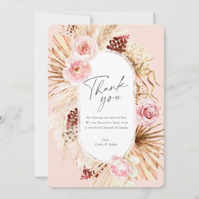Blush Pink Modern Boho Pampas Grass Floral Arch Dankeskarte (Vorderseite)