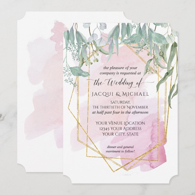 Blush Pink Modern Geometrie Wasserfarbe Eukalyptus Einladung (Vorne/Hinten)