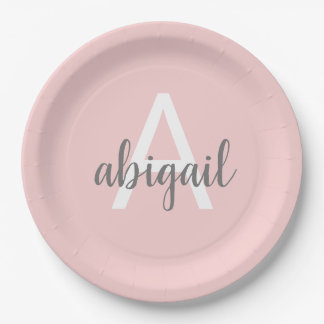 Blush Pink Modern Grau Niedliches Monogramm Pappteller