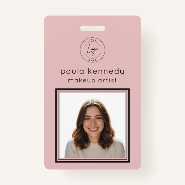 Blush Pink Modern Logo Photo Makeup Ausweis (Vorderseite)
