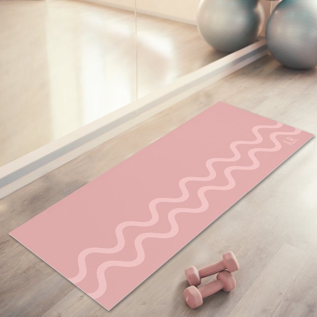 Blush Pink Modern Minimal Wavy Lines With Initials Yogamatte (Disclaimer: This image is a digital mockup.)