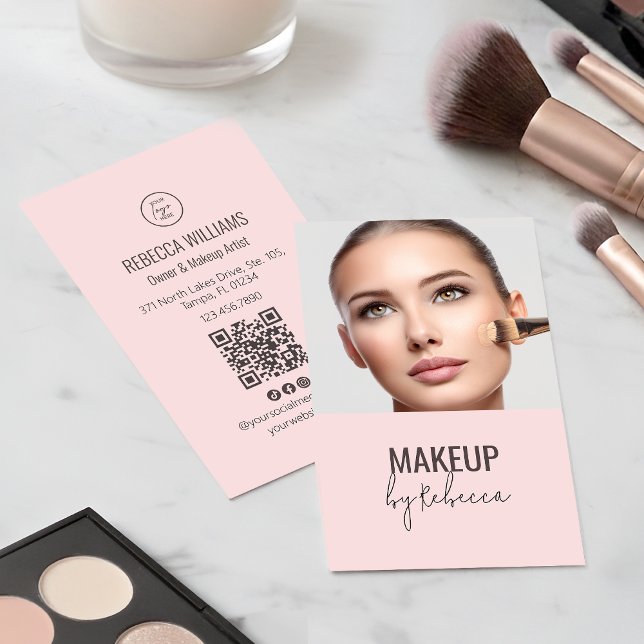 Blush Pink Modern Script Font QR Code Photo Makeup Visitenkarte (Modern blush pink photo business card with QR code for makeup and beauty professionals)