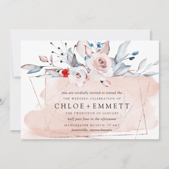 Blush Pink Moderne Blumenwasser Hochzeit Einladung (Vorderseite)