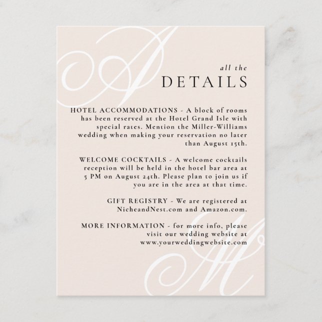 Blush Pink Moderne Kante Elegante Monogramm Detail Begleitkarte (Vorderseite)