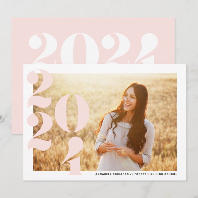 Blush Pink Moderne Klasse 2024 Foto Abschluss Einladung (Vorne/Hinten)