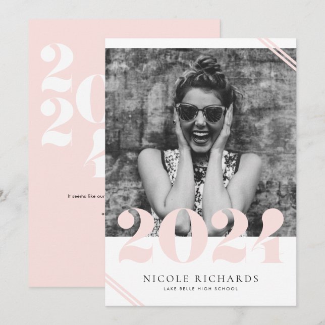 Blush Pink Moderne Klasse 2024 Foto Abschluss Einladung (Vorne/Hinten)