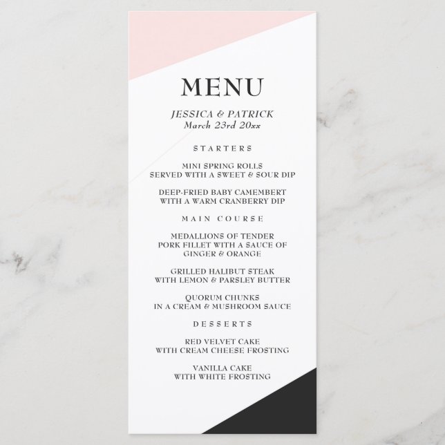 Blush Pink Moderne Minimalistische Akzente Hochzei Menükarte (Vorderseite)