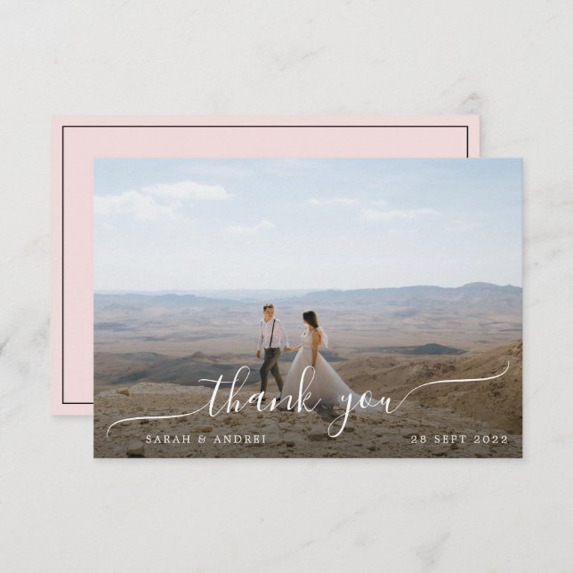 Blush Pink Modernes Foto Script Hochzeit Dankeskarte (Vorne/Hinten)