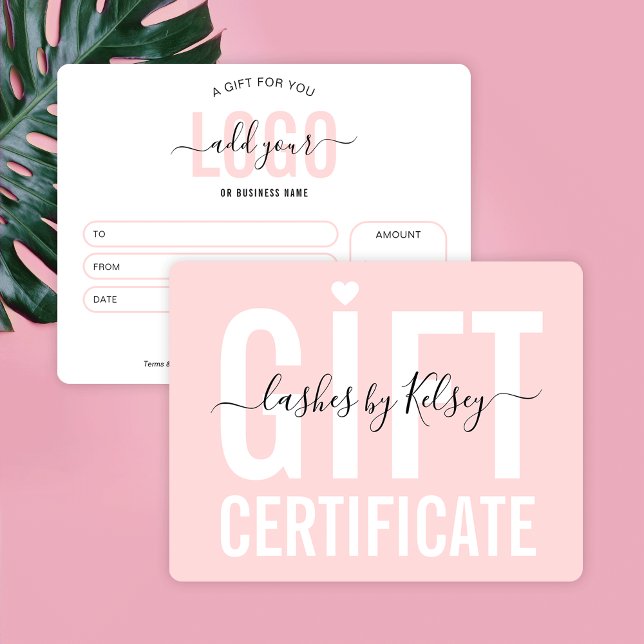 Blush Pink Modernes Logo Schönheitssalon Gutschein Karte (Fully editable feminine blush pink business gift certificate design with space for your logo)