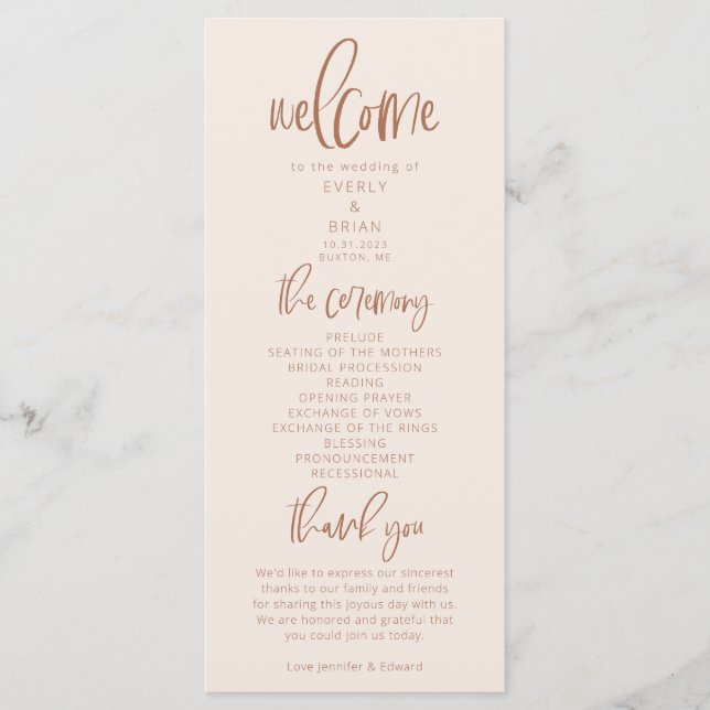 Blush Pink Modernes Minimalistisches Hochzeitsprog Programm (Vorderseite)