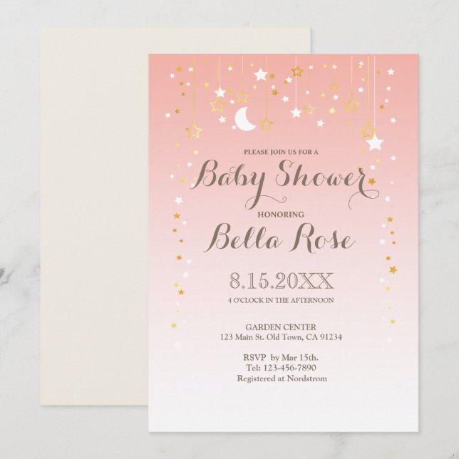 Blush Pink Moon Star Girl Baby Dusche laden Einladung (Vorne/Hinten)