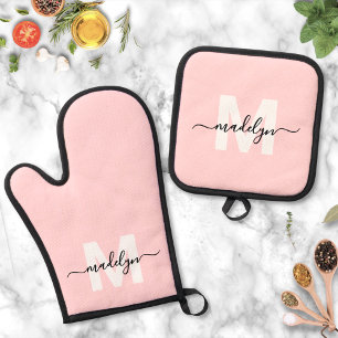 Blush Pink Name Monogram Küche Ofenhandschuh & Topflappen-Set