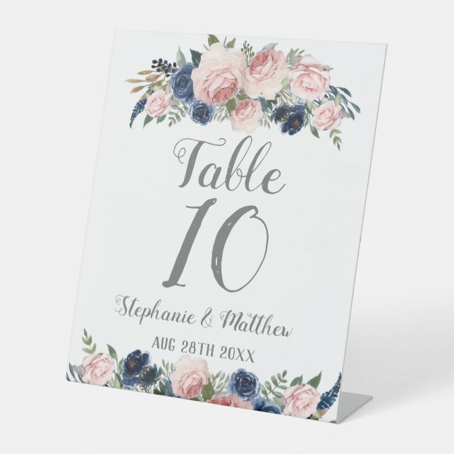 Blush Pink Navy Aquarellblume Hochzeit Sockelschild (Vorderseite)