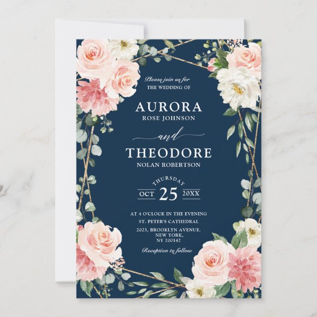Blush Pink Navy Blau Geometrische botanische Hochz Einladung (Vorderseite)