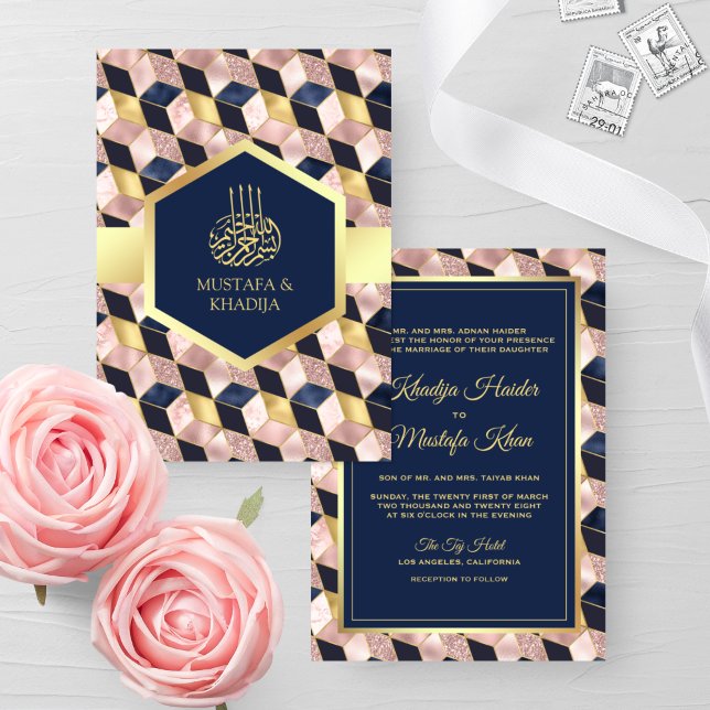 Blush Pink Navy Blaue geometrische muslimische Hoc Einladung (Von Creator hochgeladen)