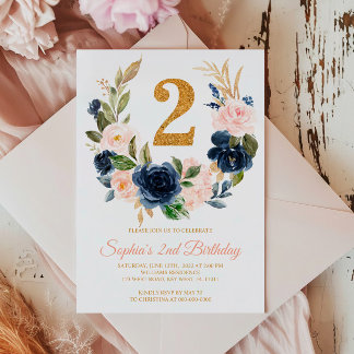 Blush Pink & Navy Blauer Blumenreath 2. Geburtstag Einladung