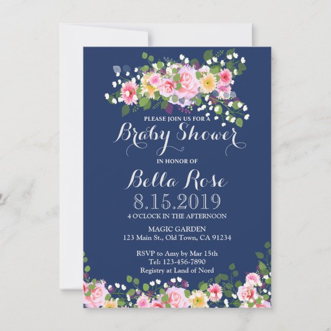 Blush Pink Navy Blue Baby Dusche Einladungen (Vorderseite)