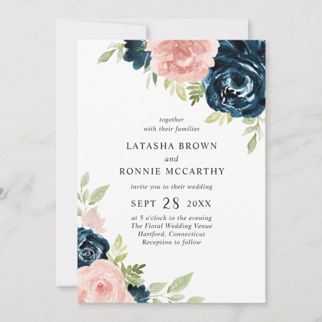 Blush Pink Navy Blue Floral Alles in einer Hochzei Einladung (Vorderseite)