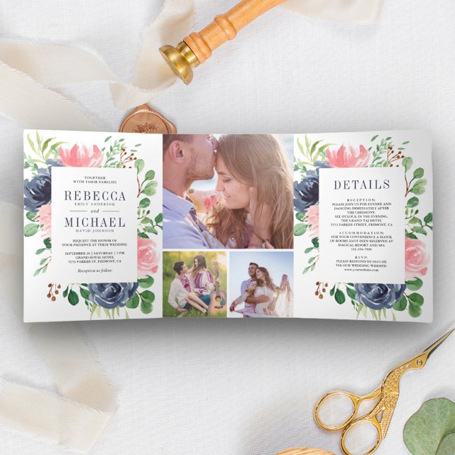 Blush Pink Navy Blue Floral Foto Collage Hochzeit Dreifach Gefaltete Einladung (Von Creator hochgeladen)