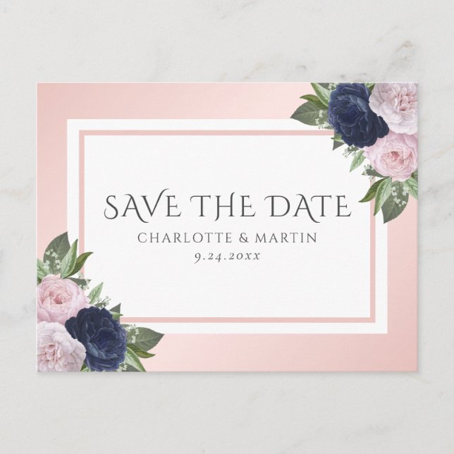 Blush Pink Navy Blue Floral Hochzeit speichern das Ankündigungspostkarte (Vorderseite)