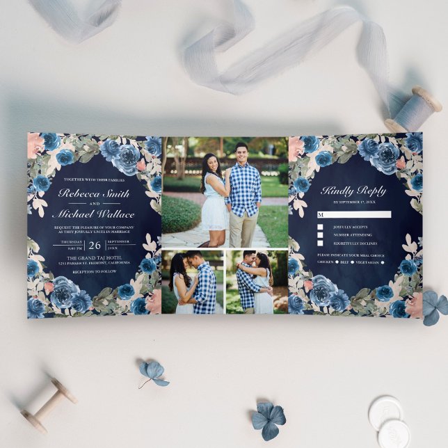 Blush Pink Navy Blue Floral Mitternacht Foto Hochz Dreifach Gefaltete Einladung (Von Creator hochgeladen)
