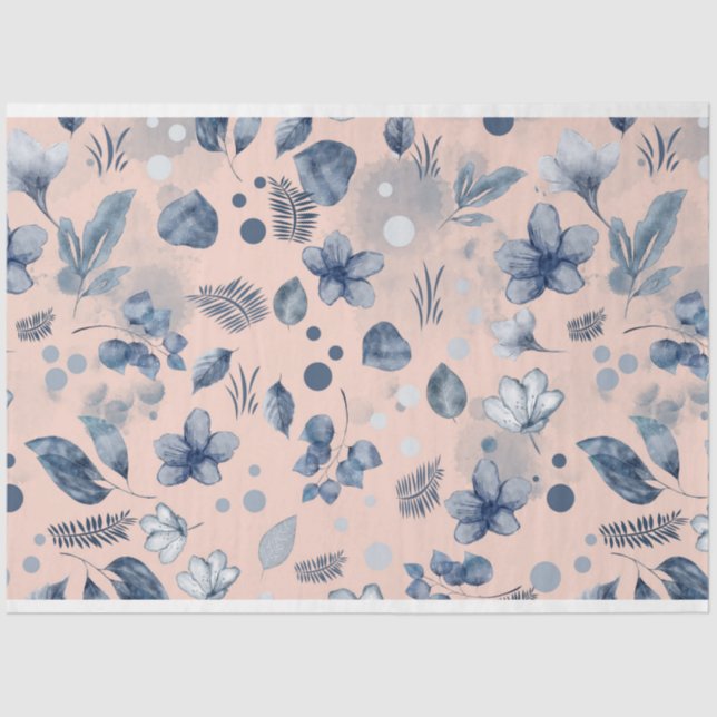 Blush Pink Navy Blue Floral Muster Seidenpapier (Vorderseite)