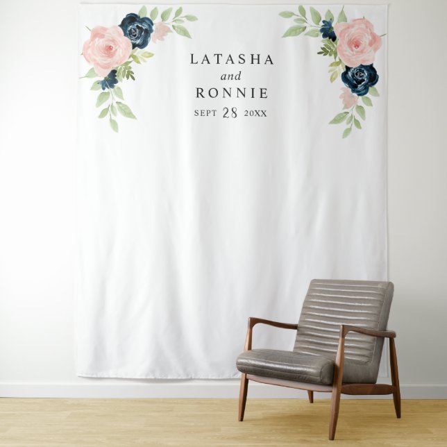 Blush Pink Navy Blue Floral Wedding Foto Hintergru Wandteppich (Beispiel)