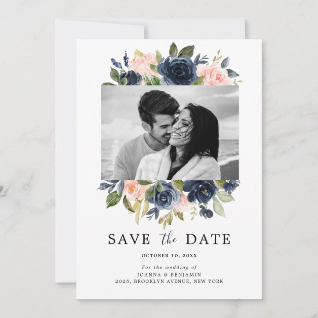 Blush Pink Navy Blue Florals Wedding Foto Save The Date (Vorderseite)